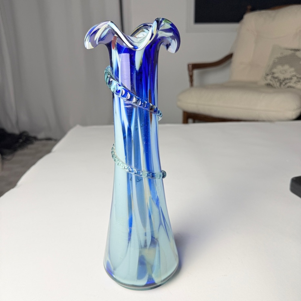 Vintage Swung Vase Cobalt Blue 11 Inch MCM Bud Twisted Glass Waves CottageCore